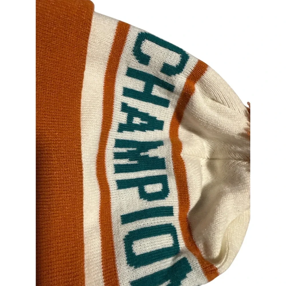 Champion Knit Pom Beanie Hat Orange White Teal Cuffed Logo One Size NWT